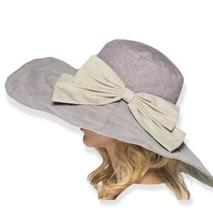 Tan Wide Brim Big Bow Portable Reversible Beach Summer Sun Hat - NEW